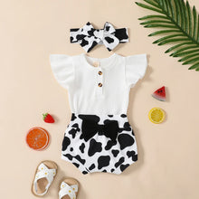 Load image into Gallery viewer, White Bodysuit &amp; Cow Print Shorts W/ Headband