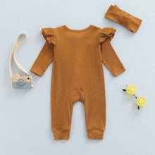 Load image into Gallery viewer, Caramel Knit Ribbed Ruffle Bodysuit Romper W/ Headband