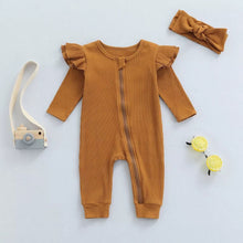 Load image into Gallery viewer, Caramel Knit Ribbed Ruffle Bodysuit Romper W/ Headband